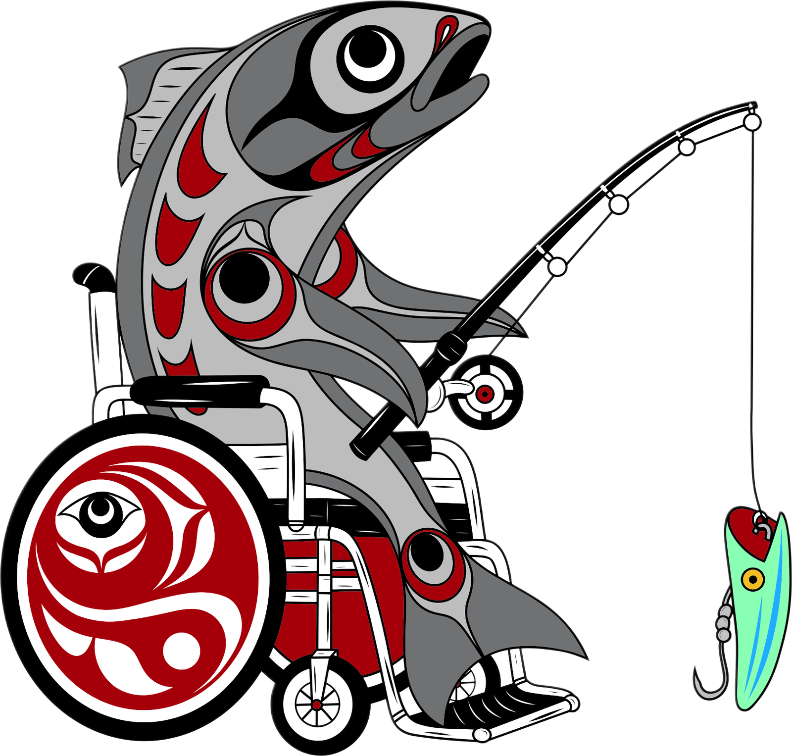 Wheelin N Reeling Adventures mascot — First Nations art style fish in wheelchair holding fishing rod